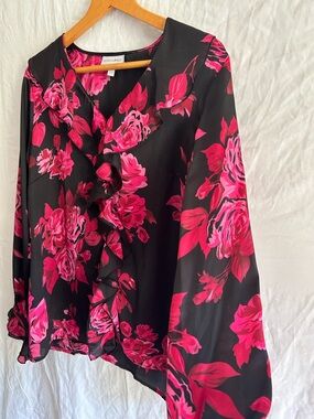 Dark Romance Black & Pink Floral Ruffle Blouse - Whimsygoth